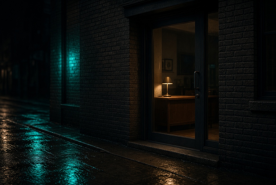 Night storefront, one lamp still on